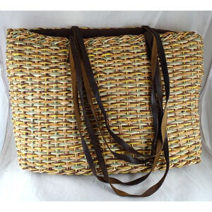 Vtg 16" Big Bohemian Boho Woven Straw Bag Tote Purse Leather Handles Multicolor